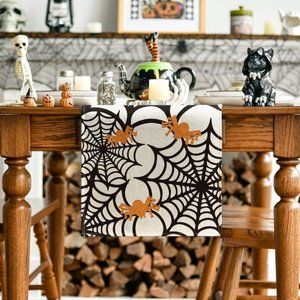 Spider Web Table Runner, Halloween Holiday Kitchen Dining Table Decor, 13x72"